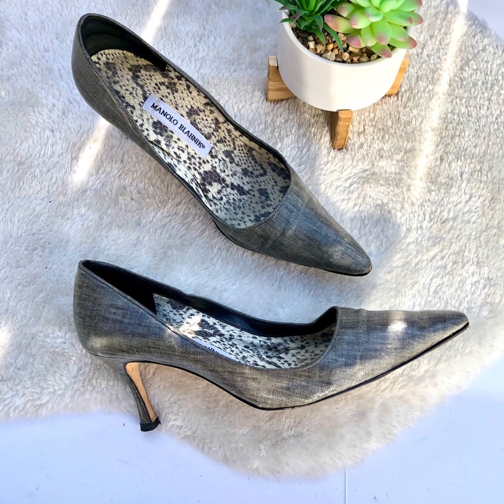 Manolo Blahnik | Silver Metalic Fabric Heels 9.5